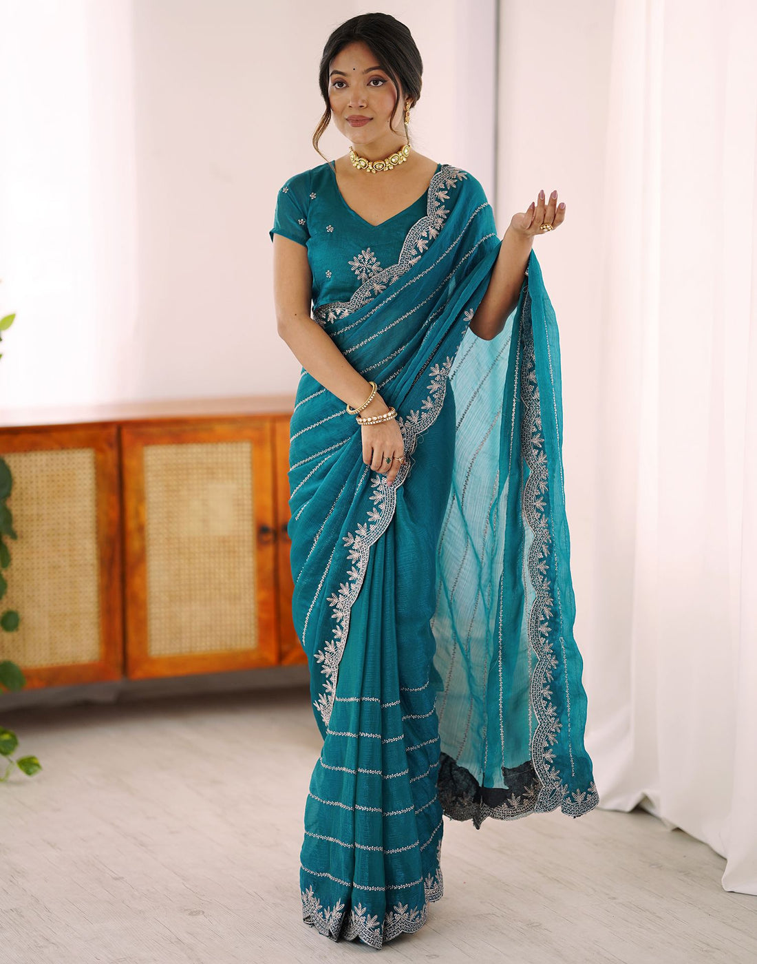 Peacock Green Chiffon Embroidery Saree