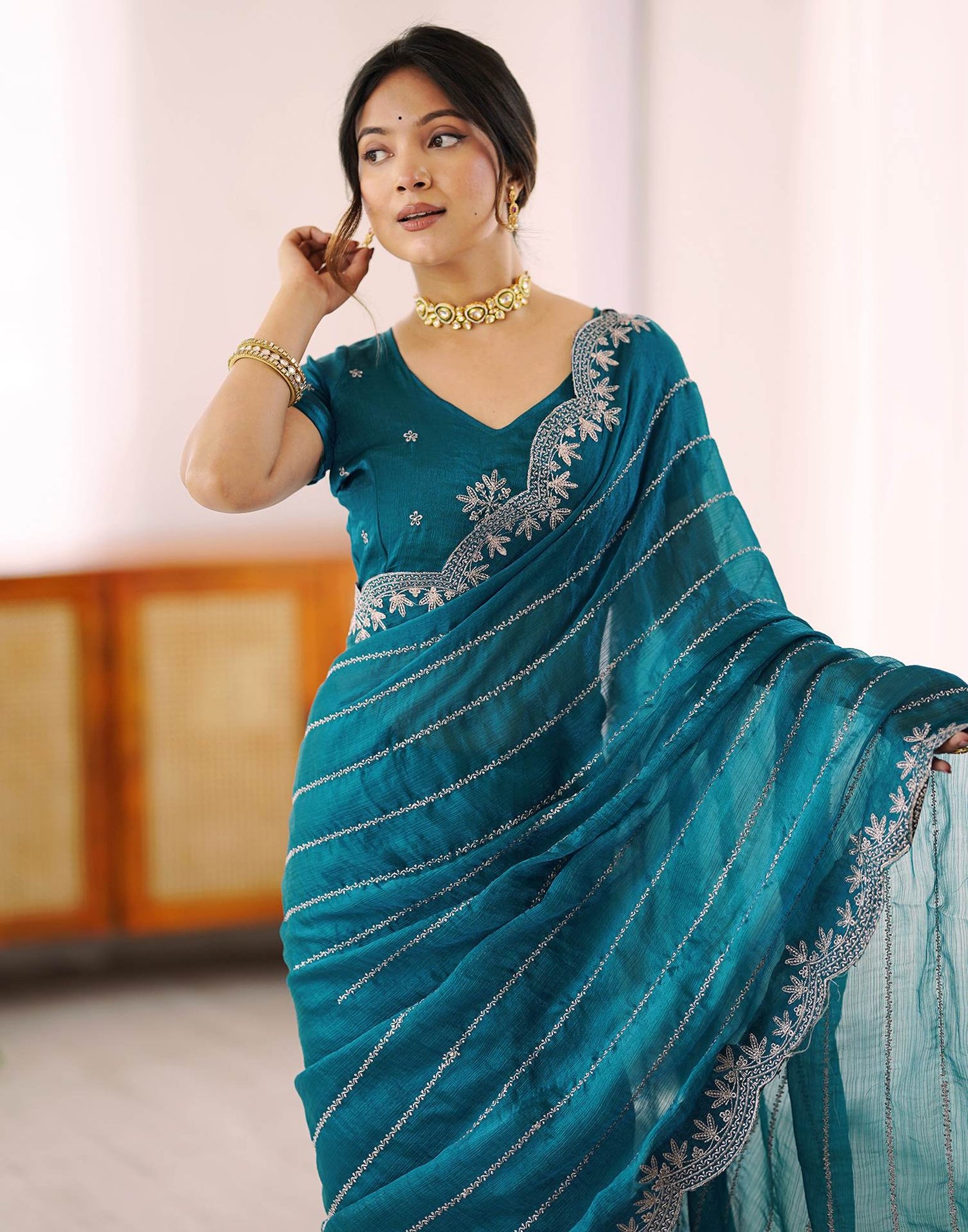 Peacock Green Chiffon Embroidery Saree