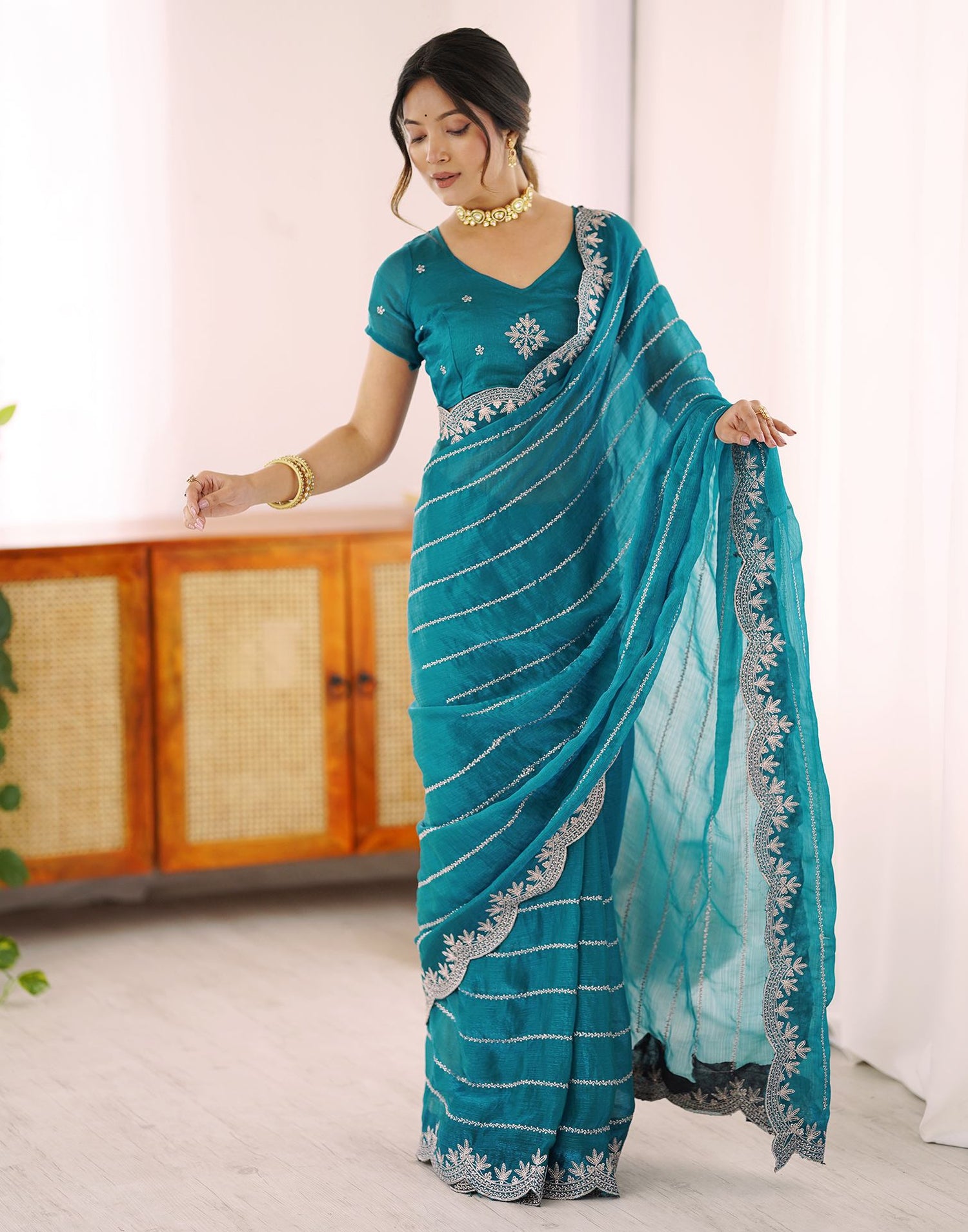 Peacock Green Chiffon Embroidery Saree