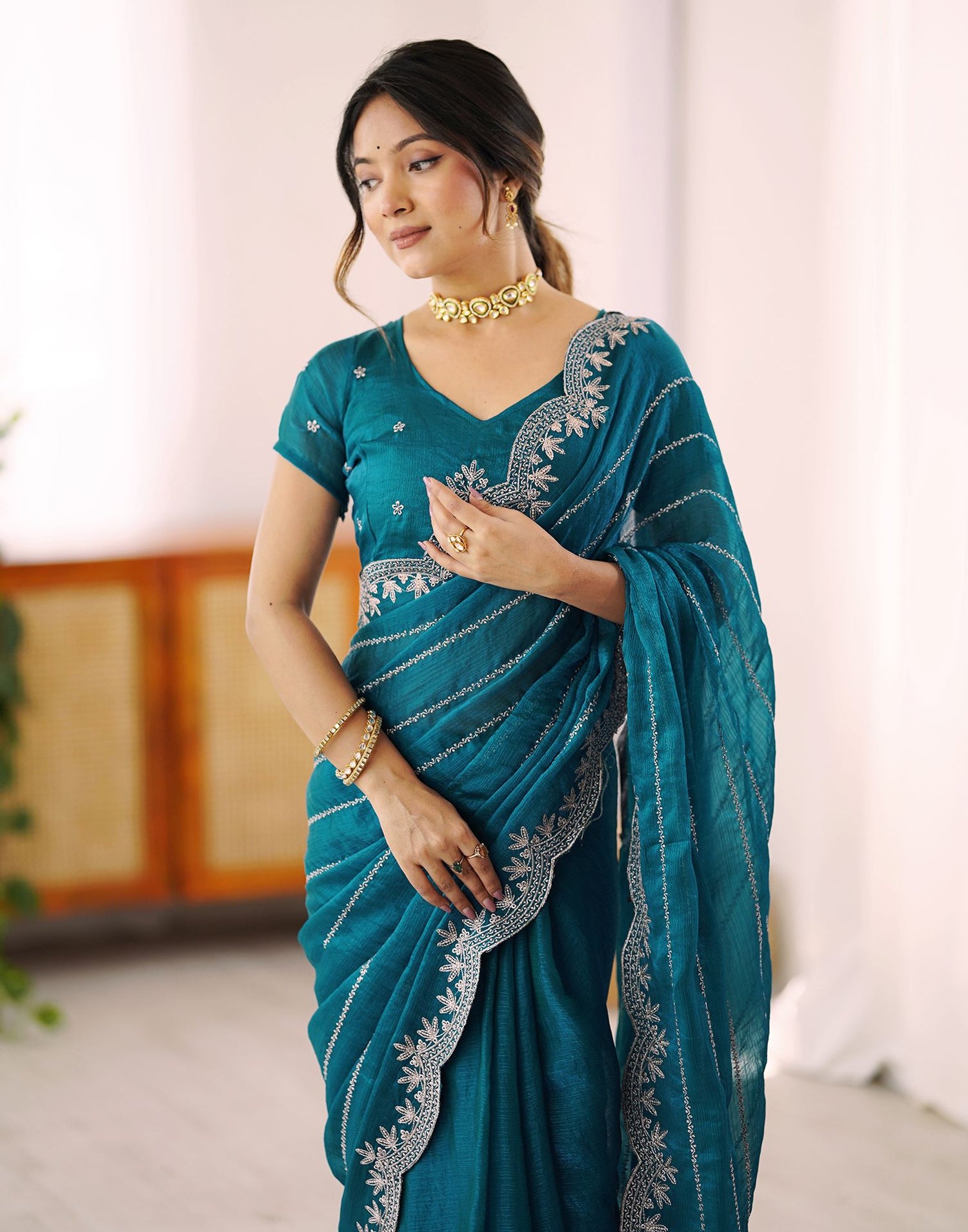 Peacock Green Chiffon Embroidery Saree