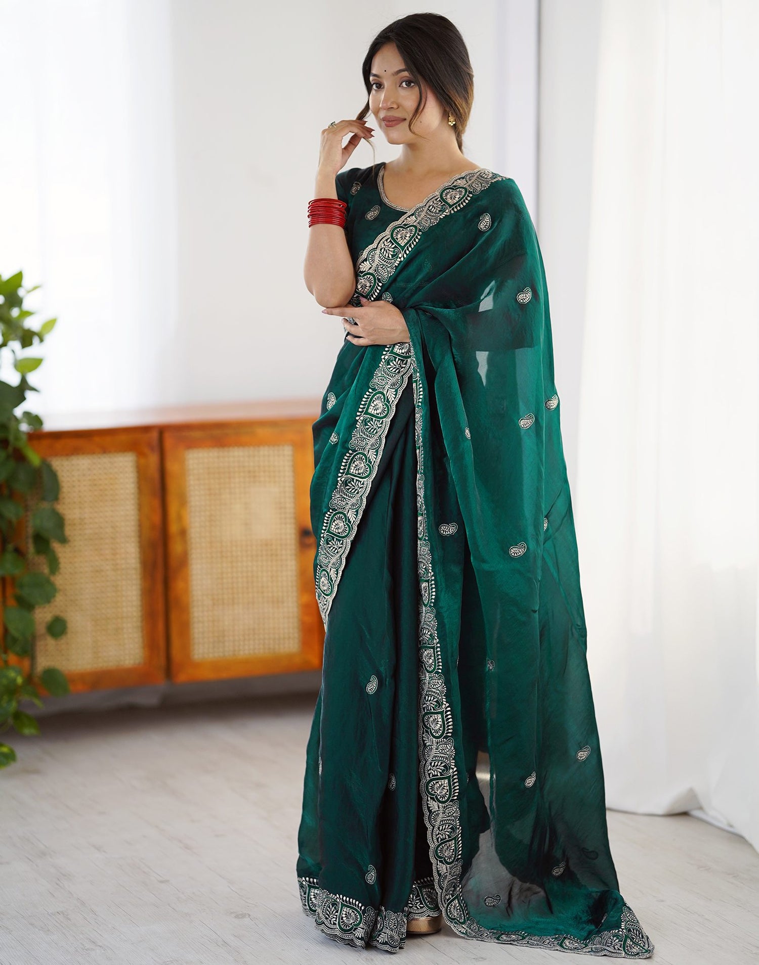 Green Tissue Silk Embroidery Saree