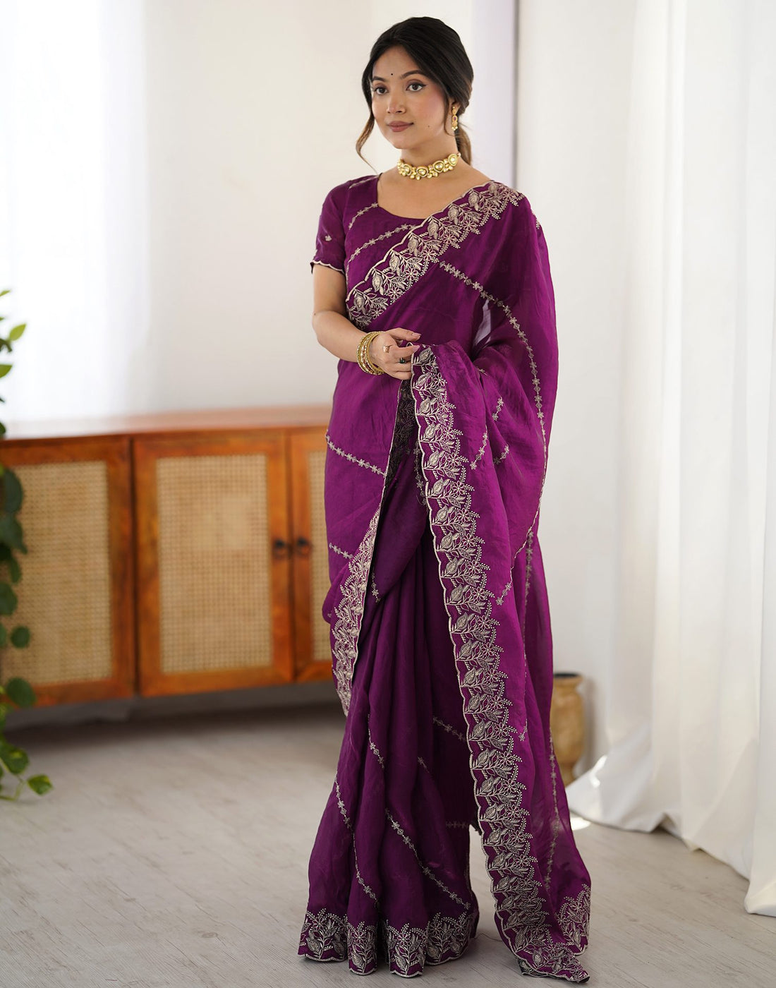 Magenta Tissue Silk Embroidery Saree
