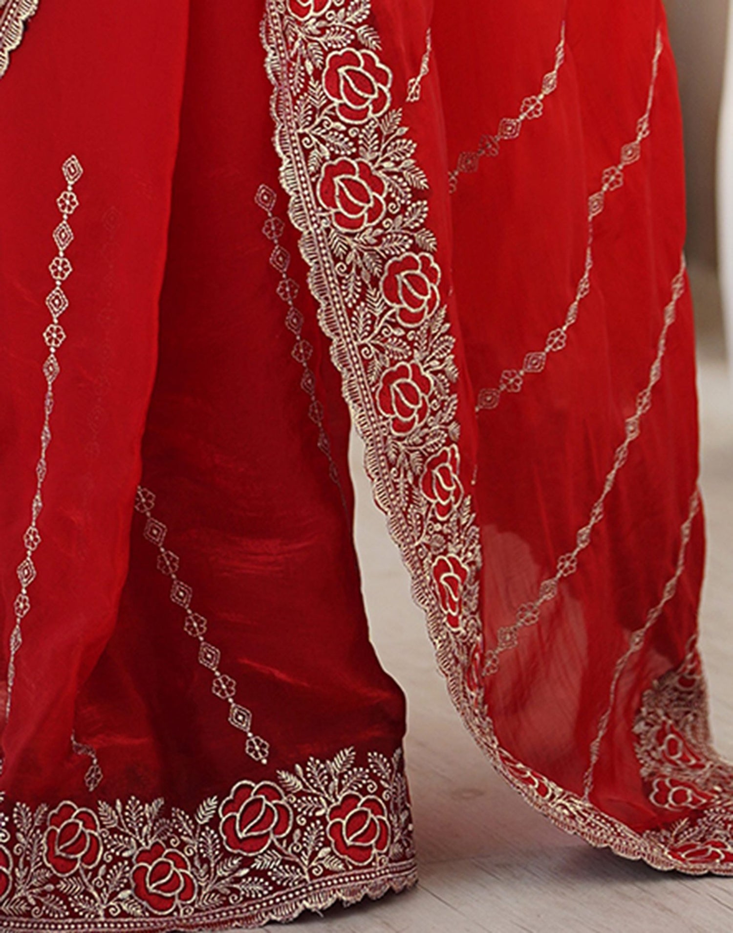 Red Tissue Silk Embroidery Saree