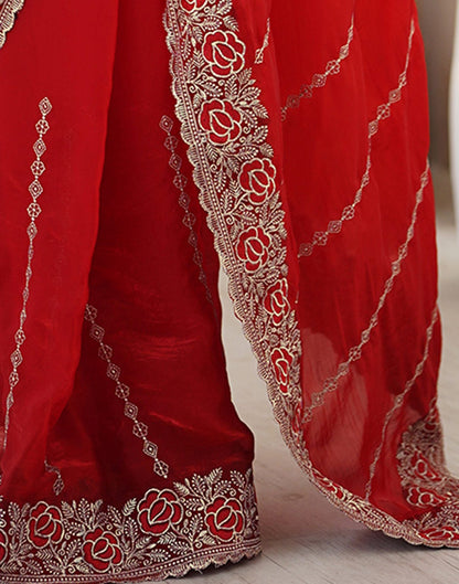 Red Tissue Silk Embroidery Saree