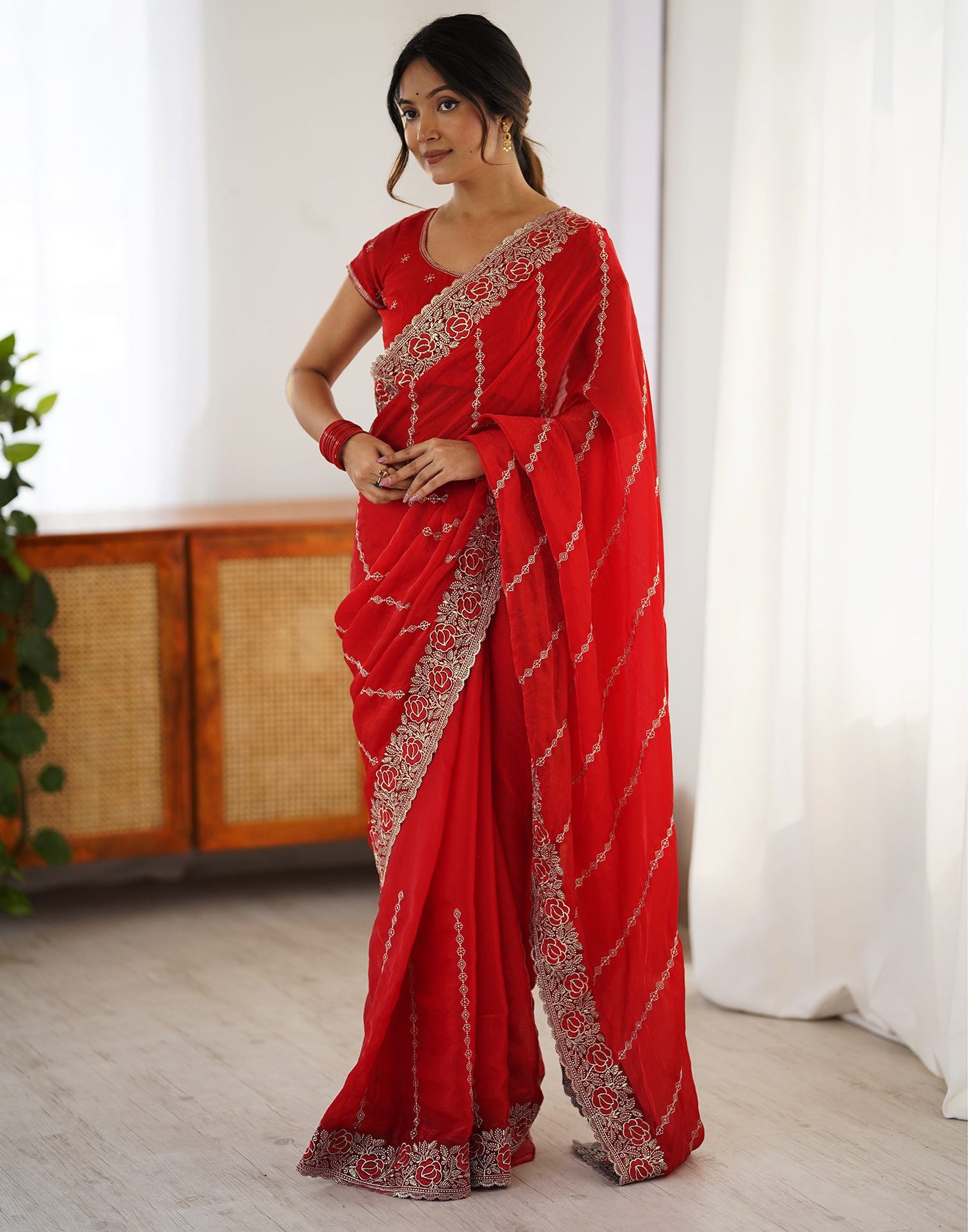 Red Tissue Silk Embroidery Saree