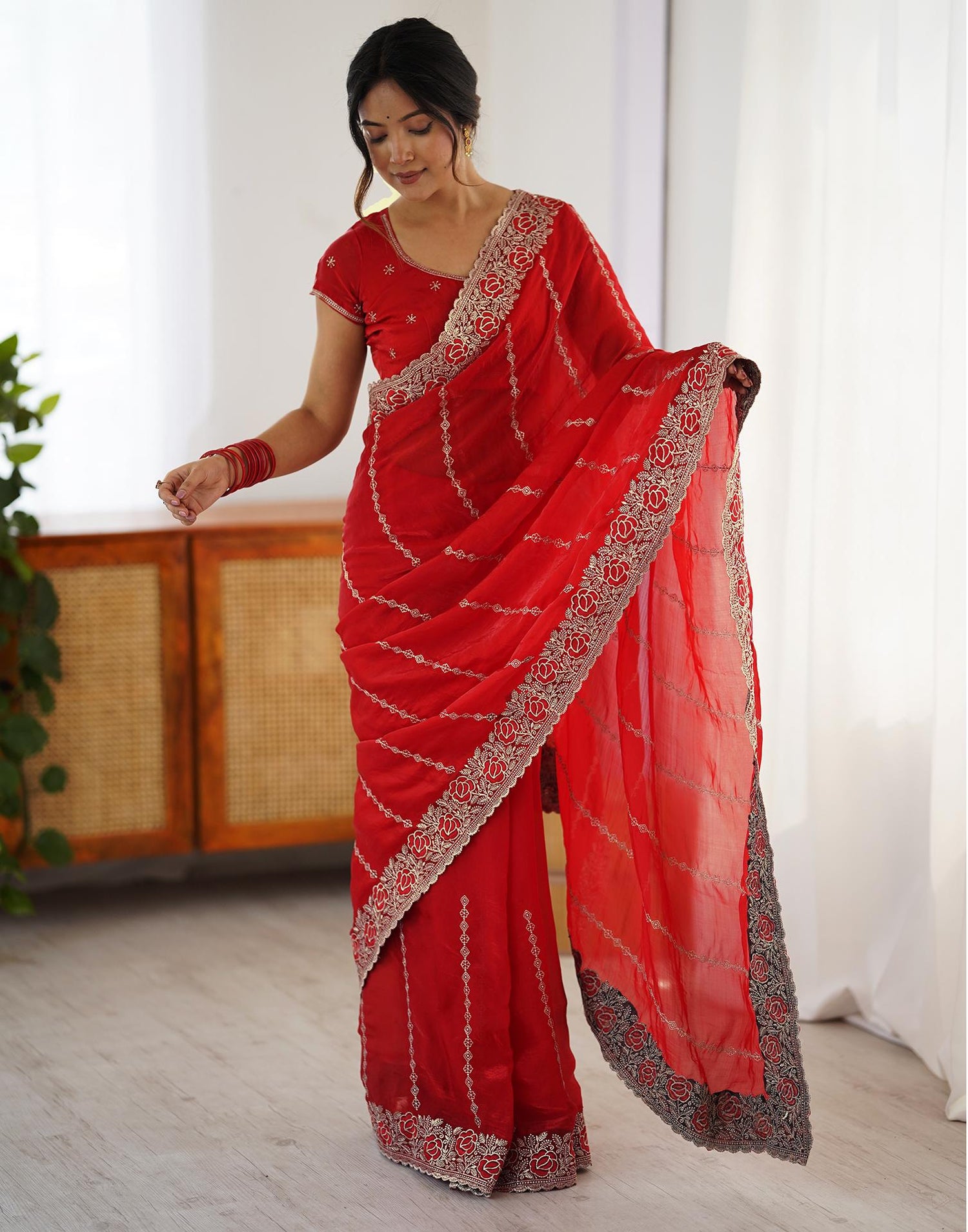 Red Tissue Silk Embroidery Saree