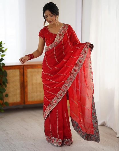 Red Tissue Silk Embroidery Saree