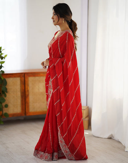 Red Tissue Silk Embroidery Saree