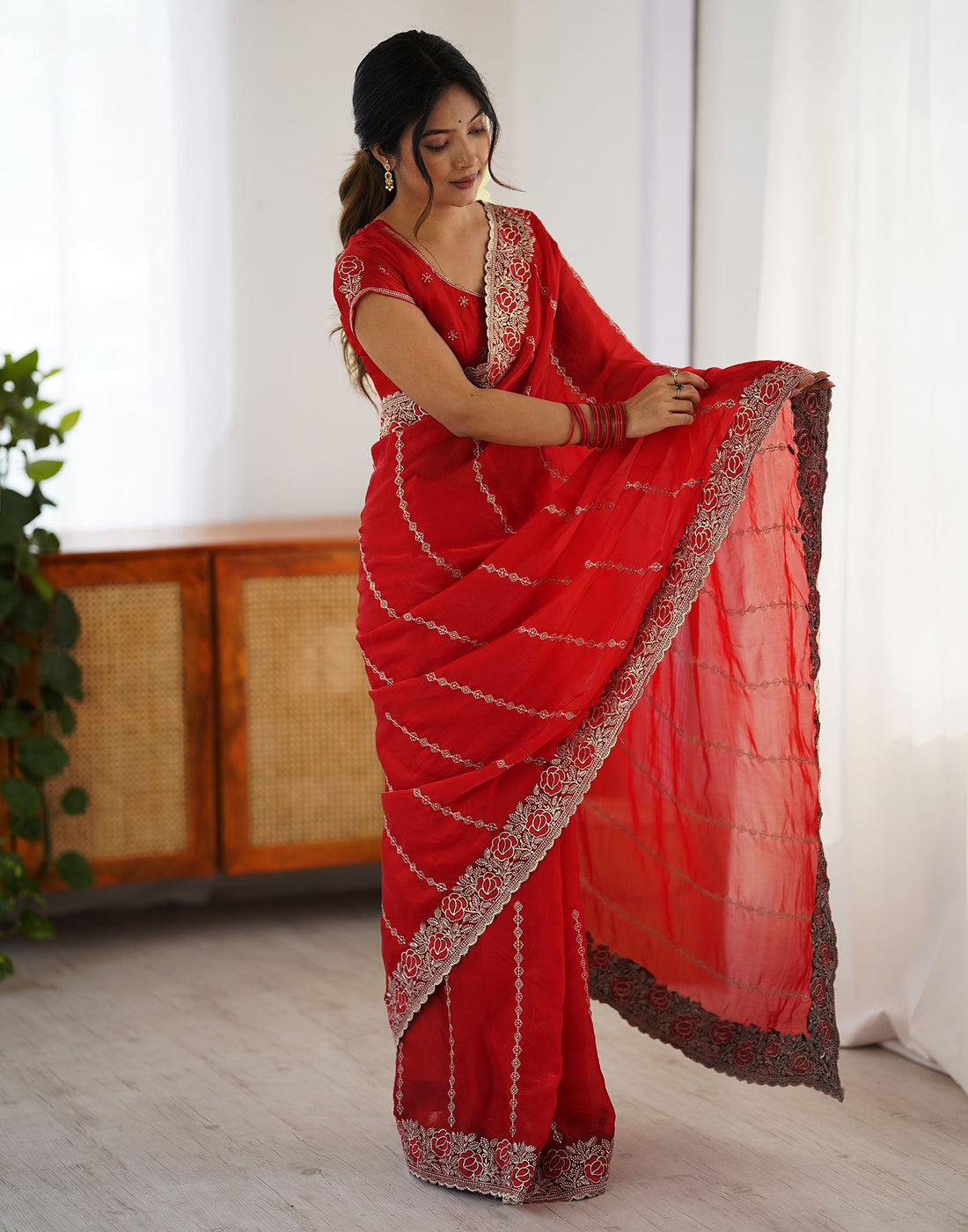 Red Tissue Silk Embroidery Saree