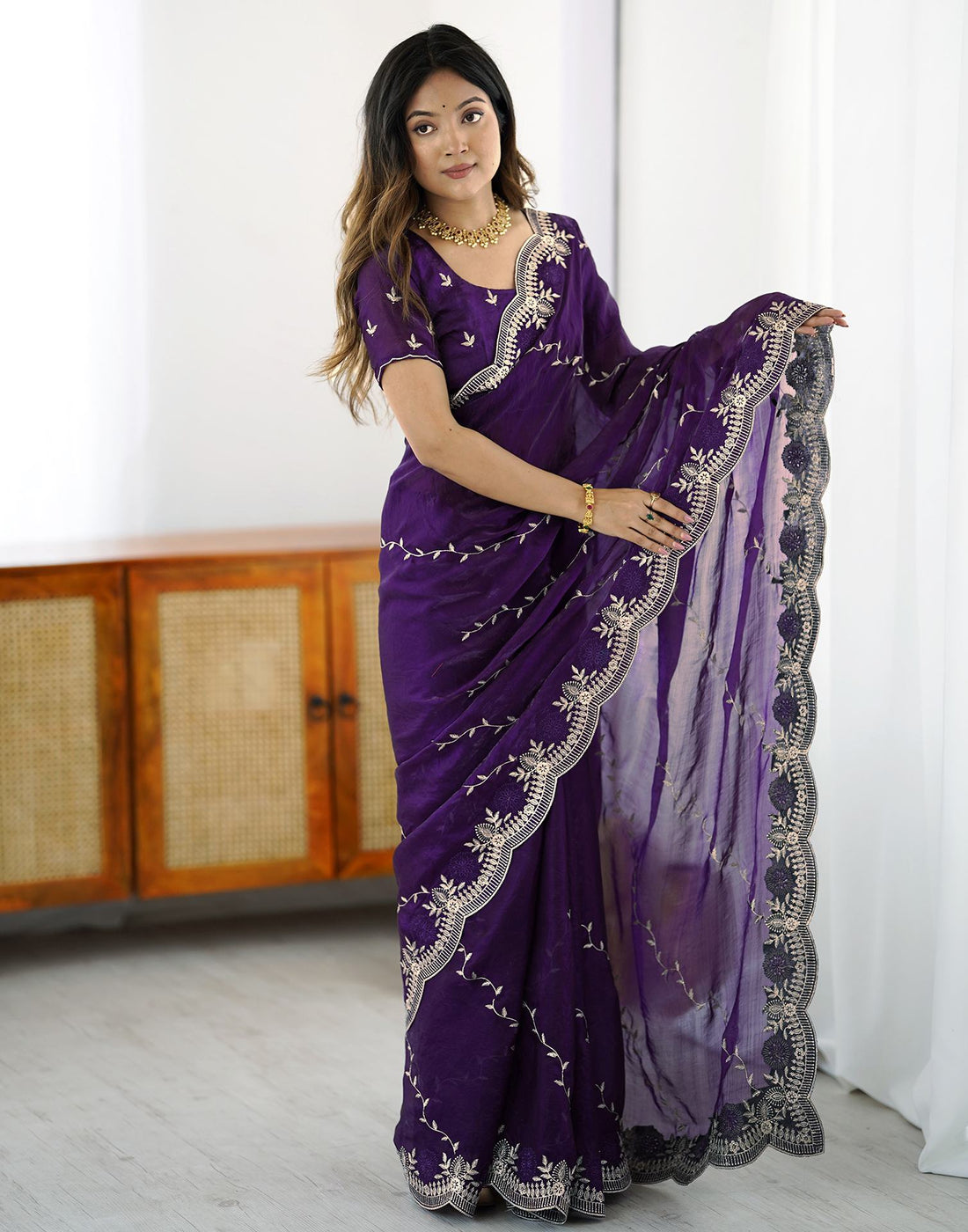 Purple Tissue Silk Embroidery Saree