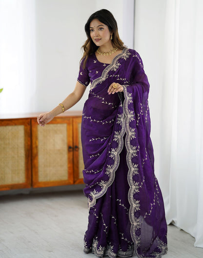 Purple Tissue Silk Embroidery Saree