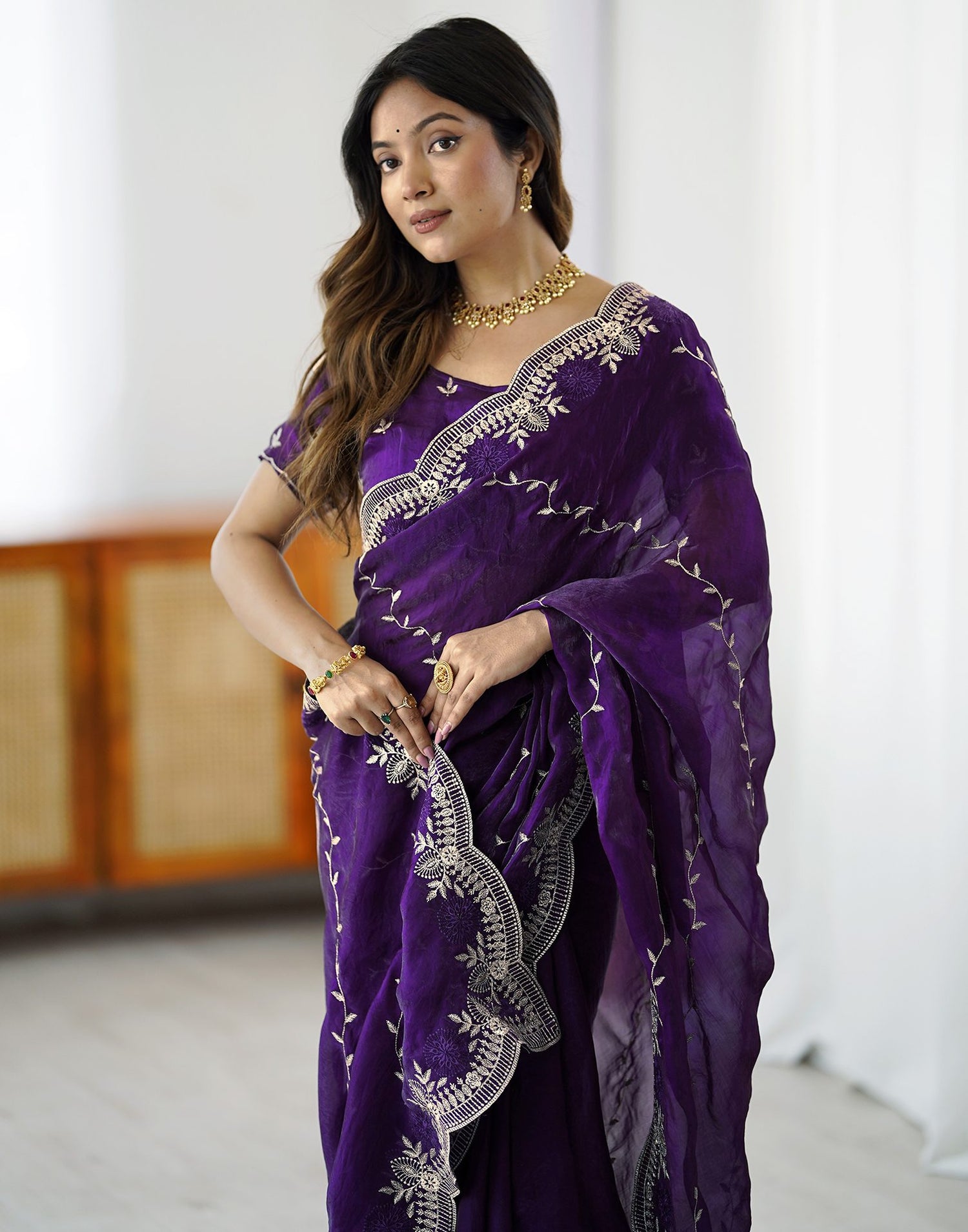 Purple Tissue Silk Embroidery Saree