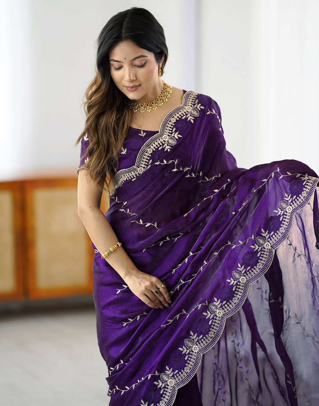 Purple Tissue Silk Embroidery Saree