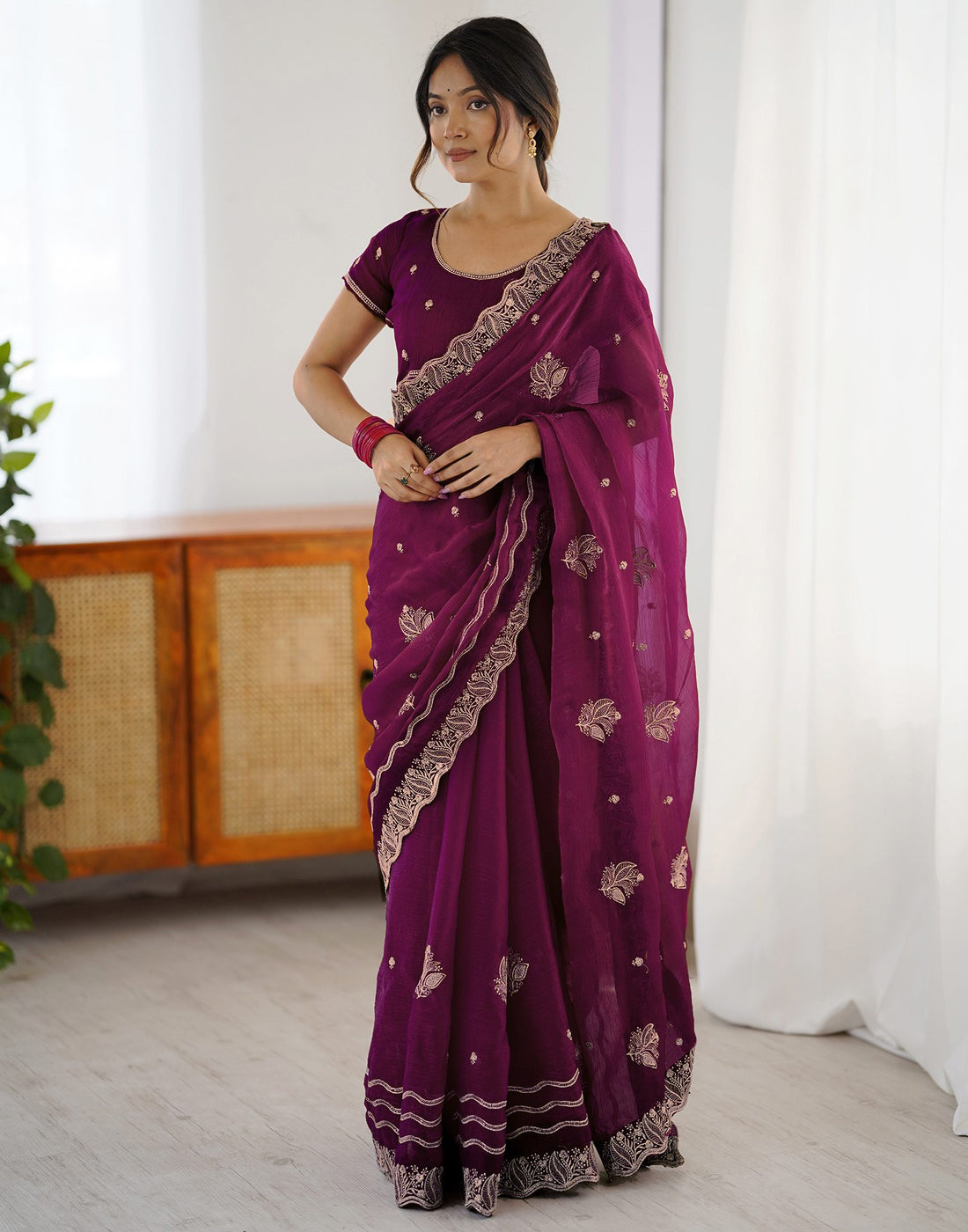 Dark Magenta Shimmer Embroidery Saree