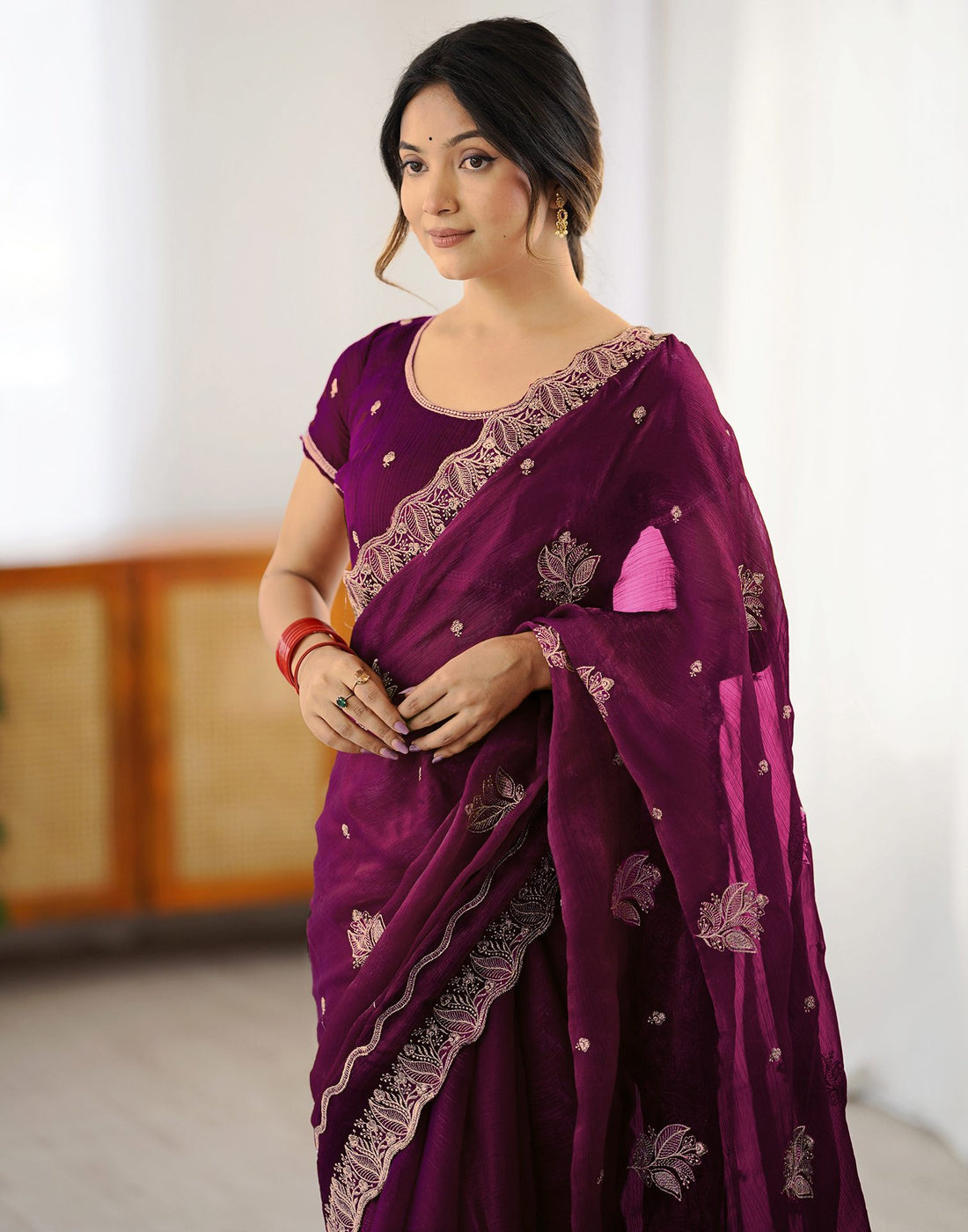 Dark Magenta Shimmer Embroidery Saree