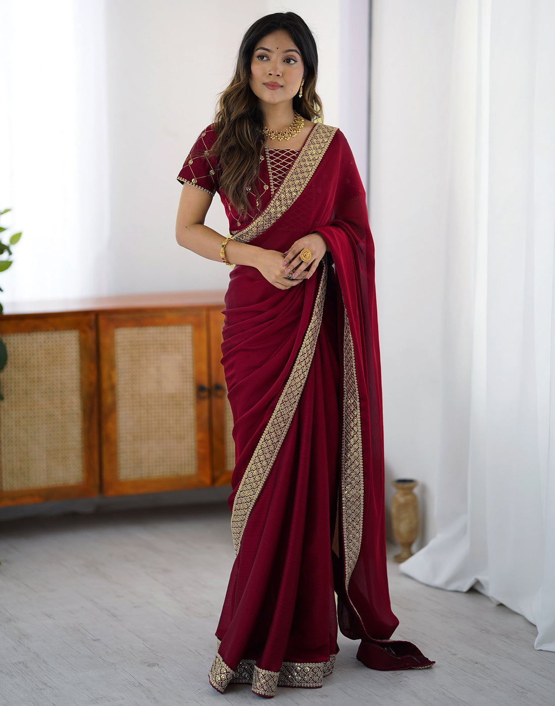 Cherry Red Chiffon Embroidery Lace Saree