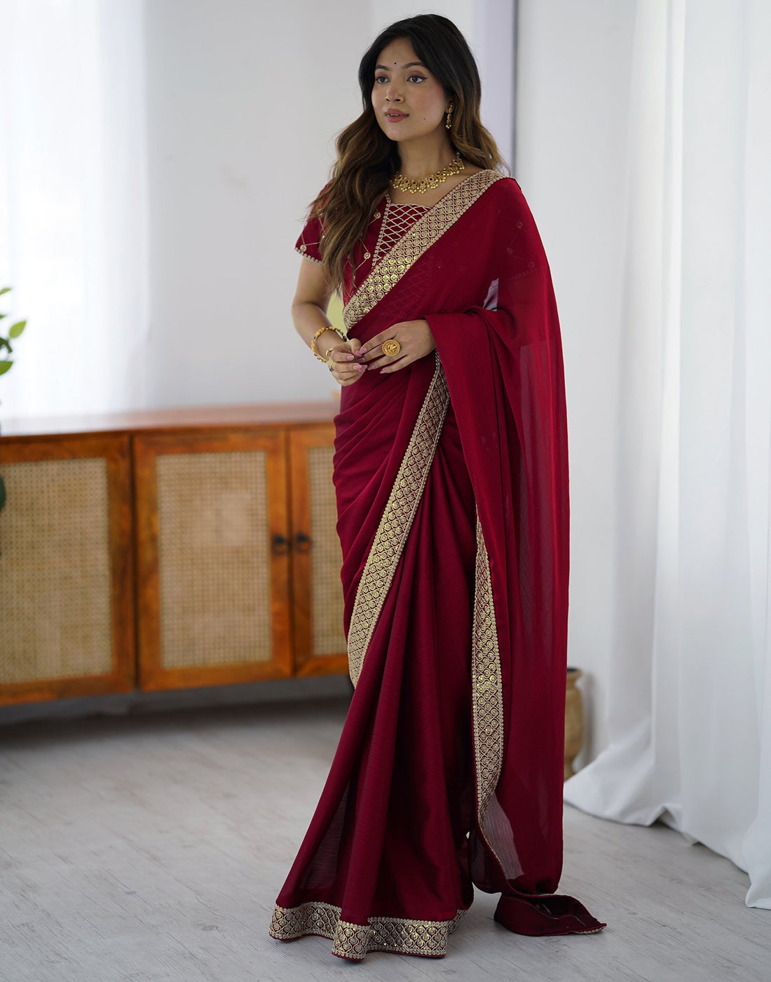 Cherry Red Chiffon Embroidery Lace Saree