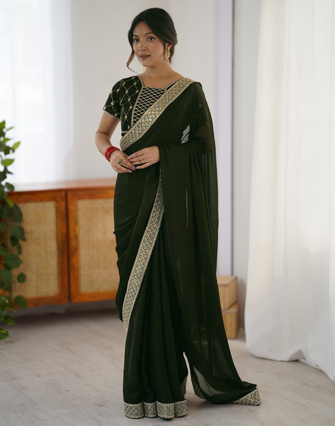 Bottle Green Chiffon Embroidery Lace Saree