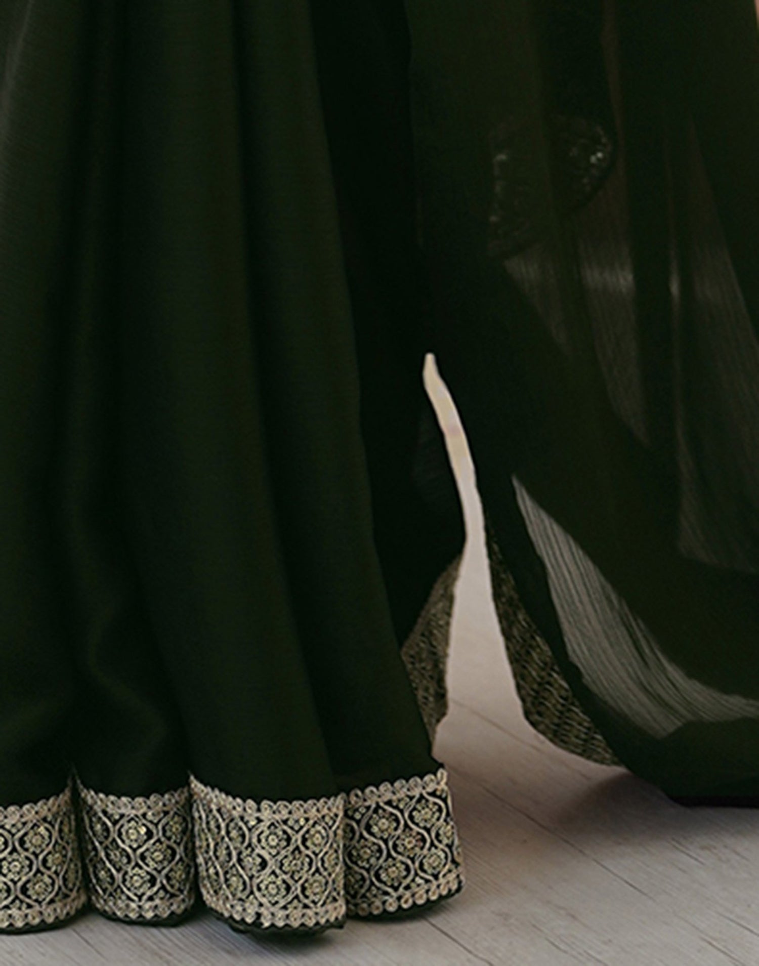 Bottle Green Chiffon Embroidery Lace Saree