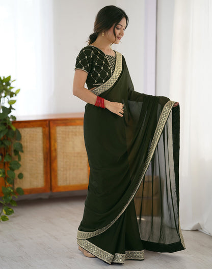 Bottle Green Chiffon Embroidery Lace Saree