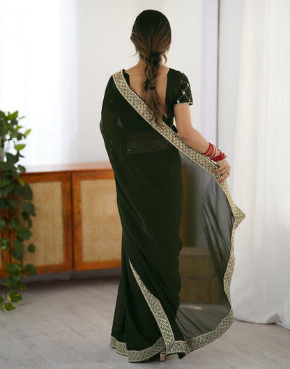 Bottle Green Chiffon Embroidery Lace Saree