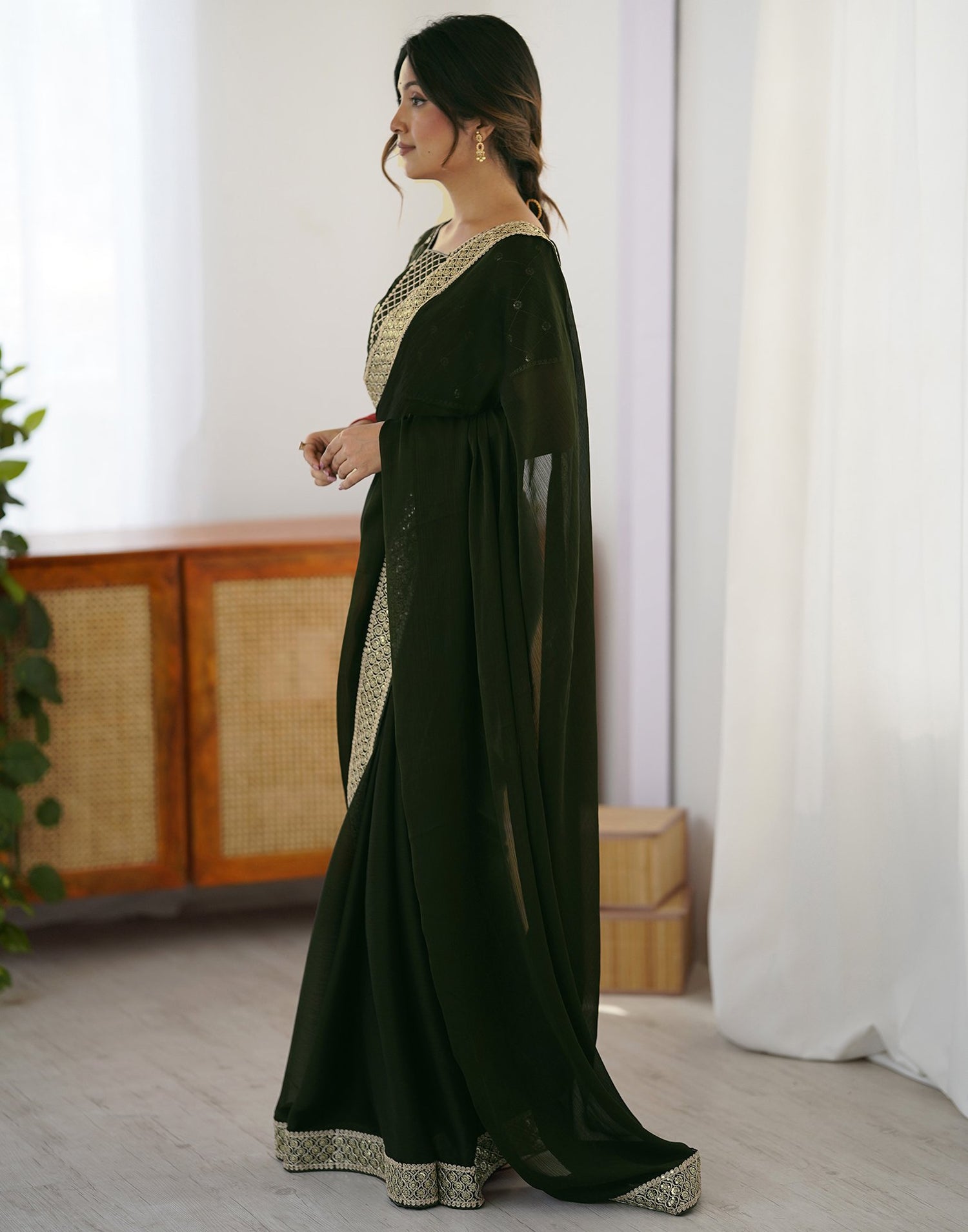 Bottle Green Chiffon Embroidery Lace Saree