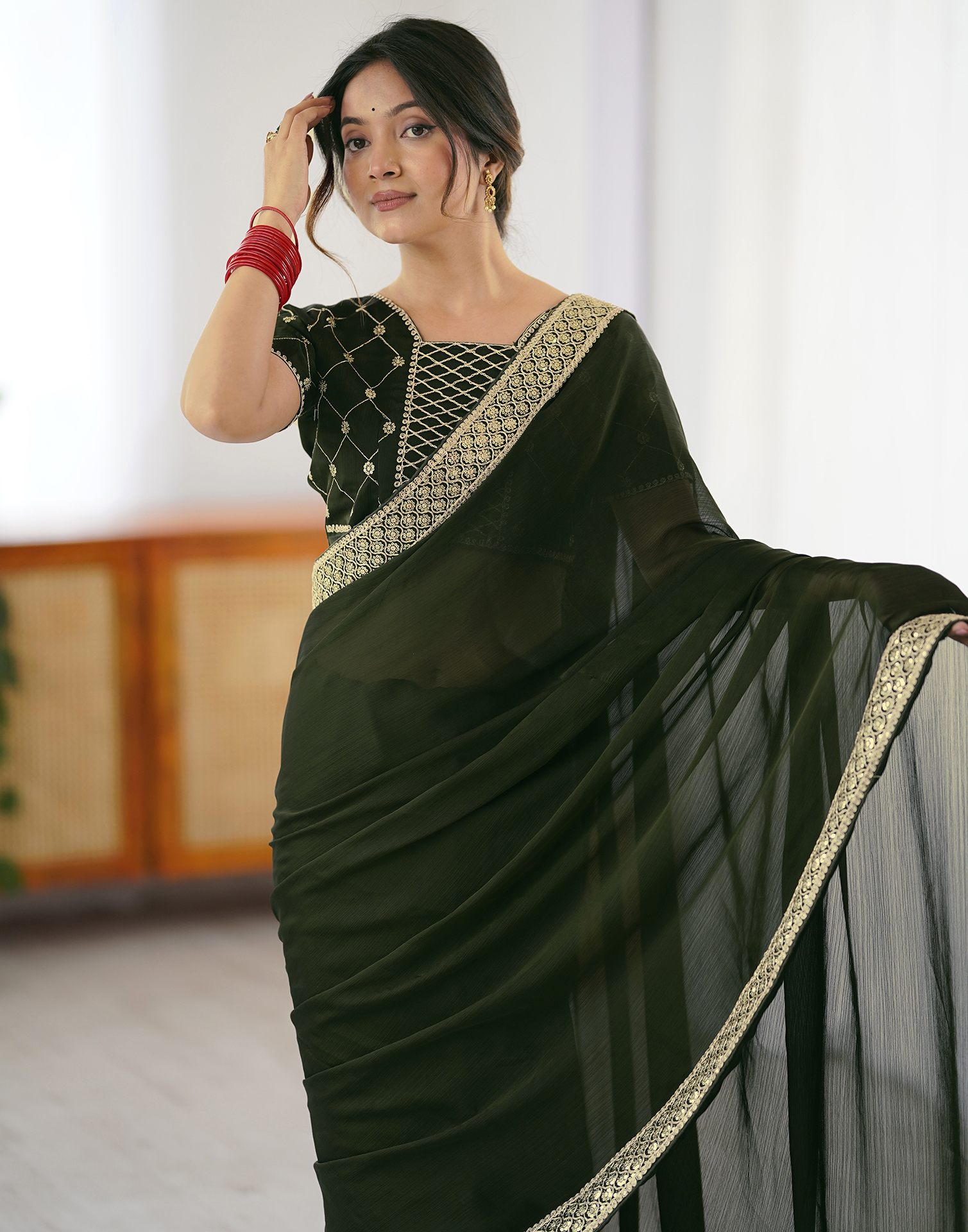 Bottle Green Chiffon Embroidery Lace Saree