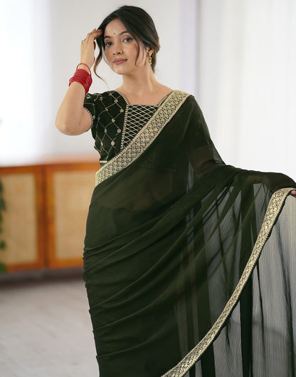 Bottle Green Chiffon Embroidery Lace Saree
