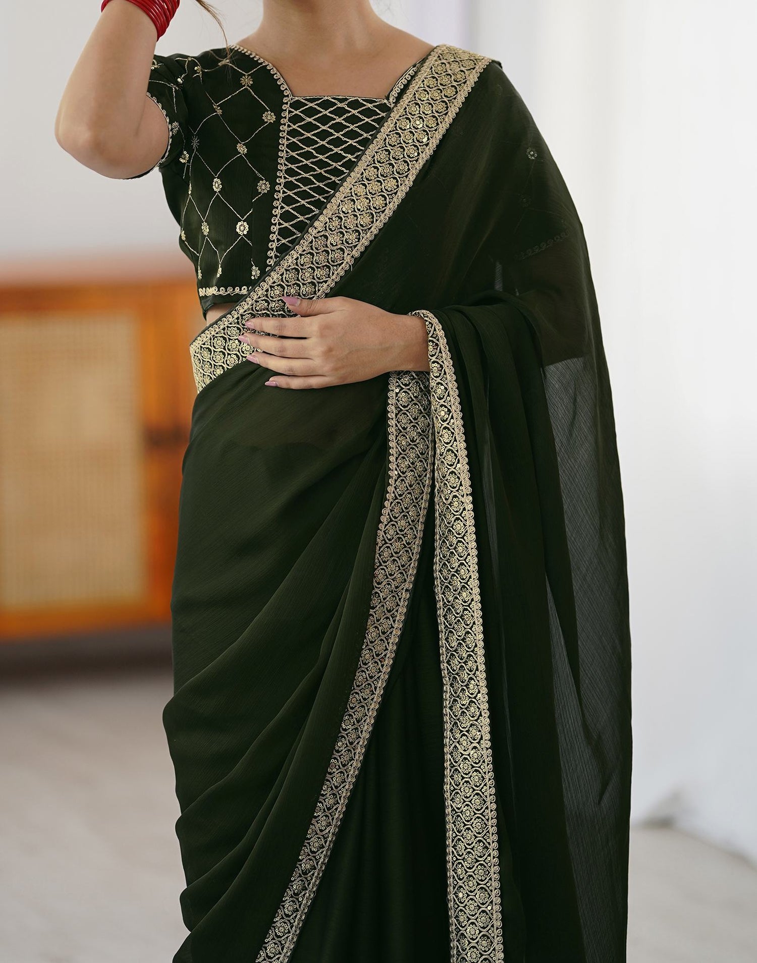 Bottle Green Chiffon Embroidery Lace Saree