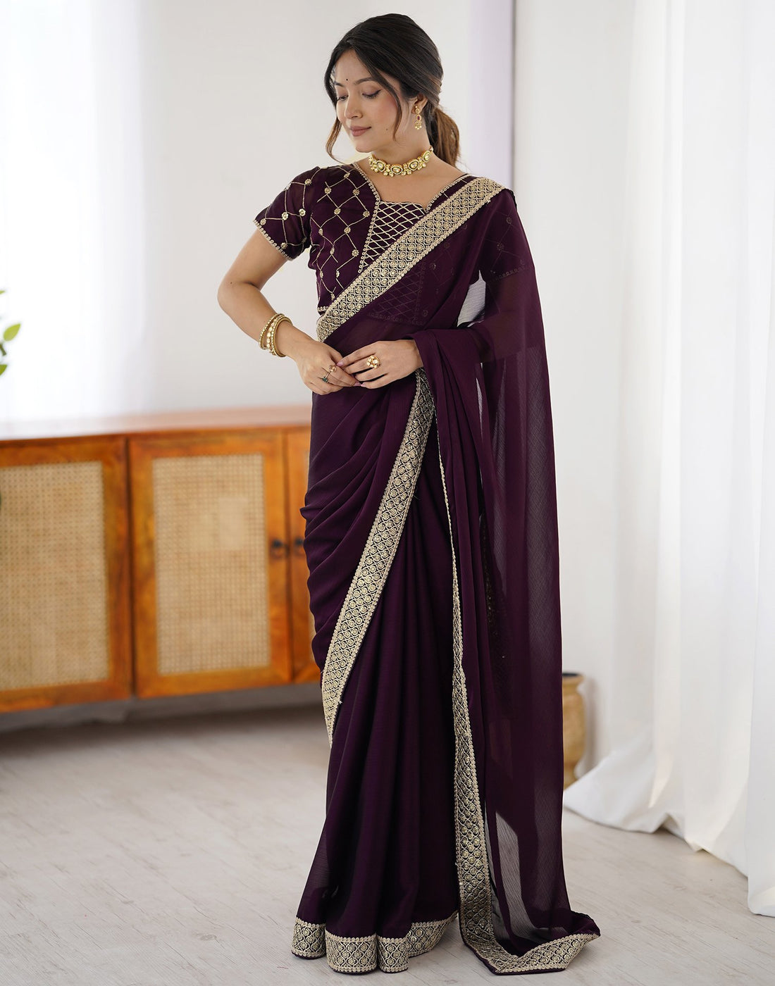 Dark Wine Chiffon Embroidery Lace Saree