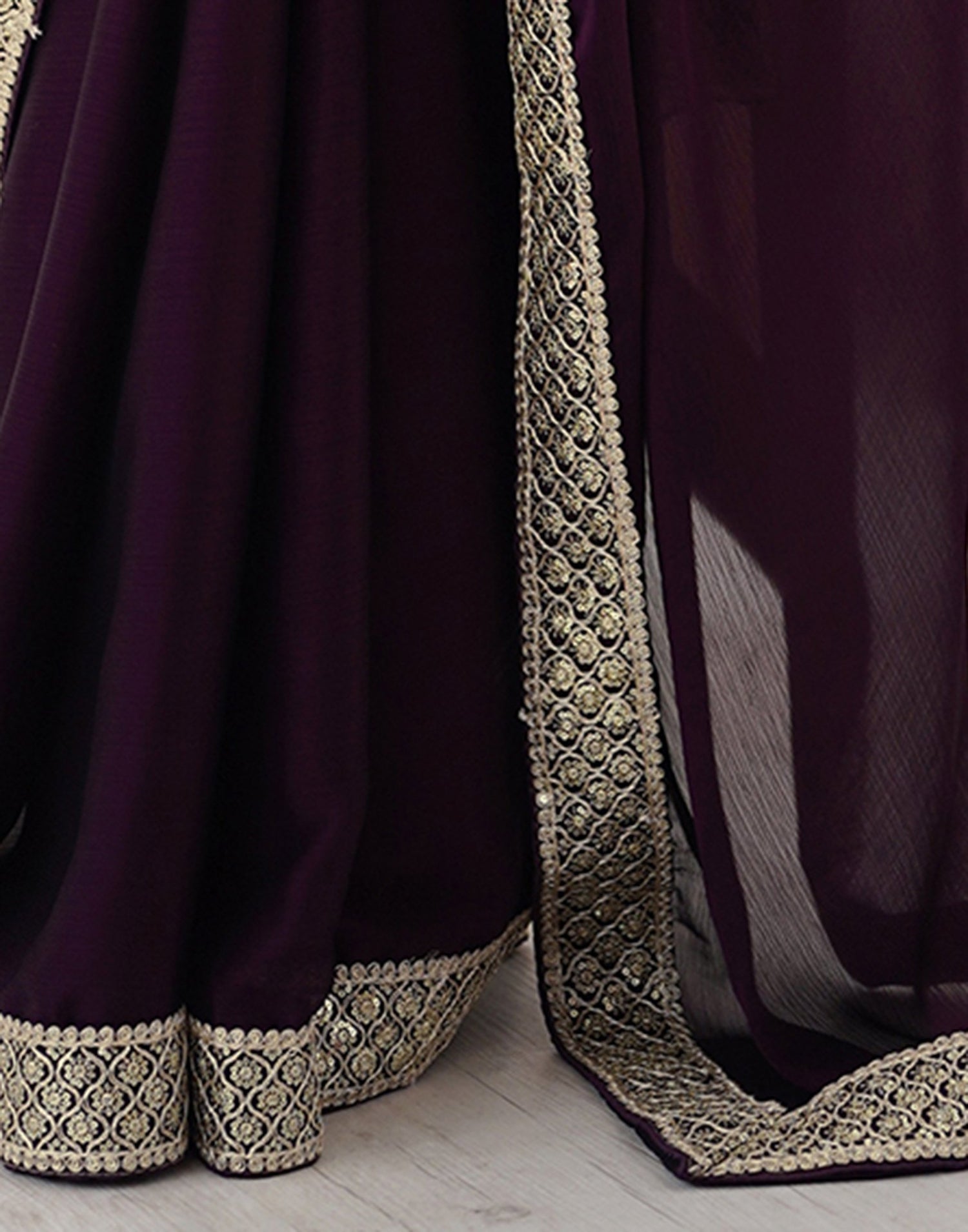 Dark Wine Chiffon Embroidery Lace Saree