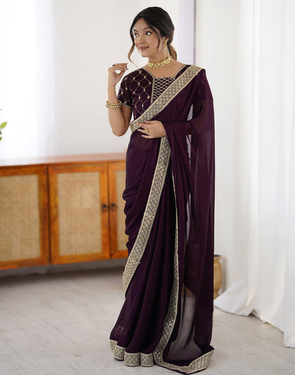 Dark Wine Chiffon Embroidery Lace Saree