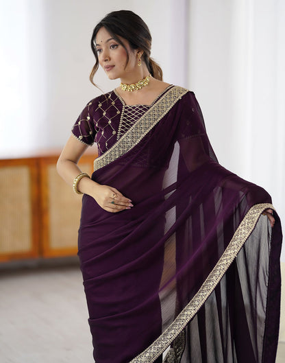 Dark Wine Chiffon Embroidery Lace Saree