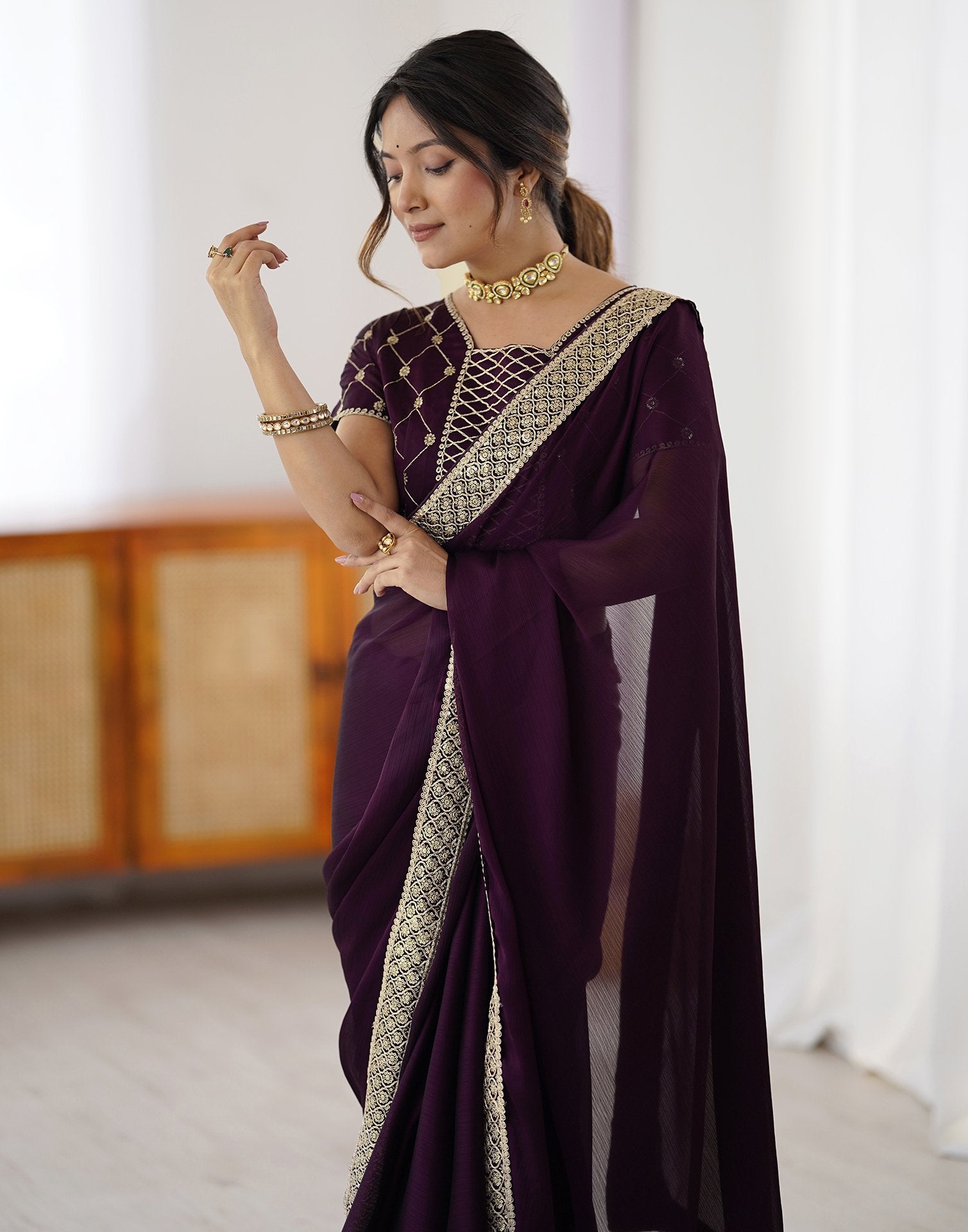 Dark Wine Chiffon Embroidery Lace Saree