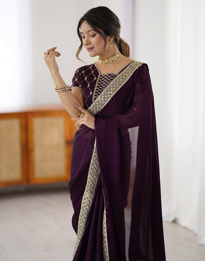 Dark Wine Chiffon Embroidery Lace Saree
