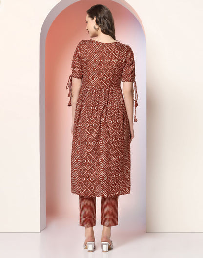 Brown Printed Cotton A-Line Kurta With Pant