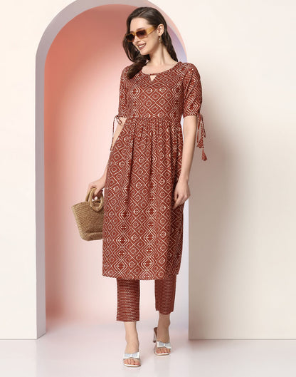 Brown Printed Cotton A-Line Kurta With Pant