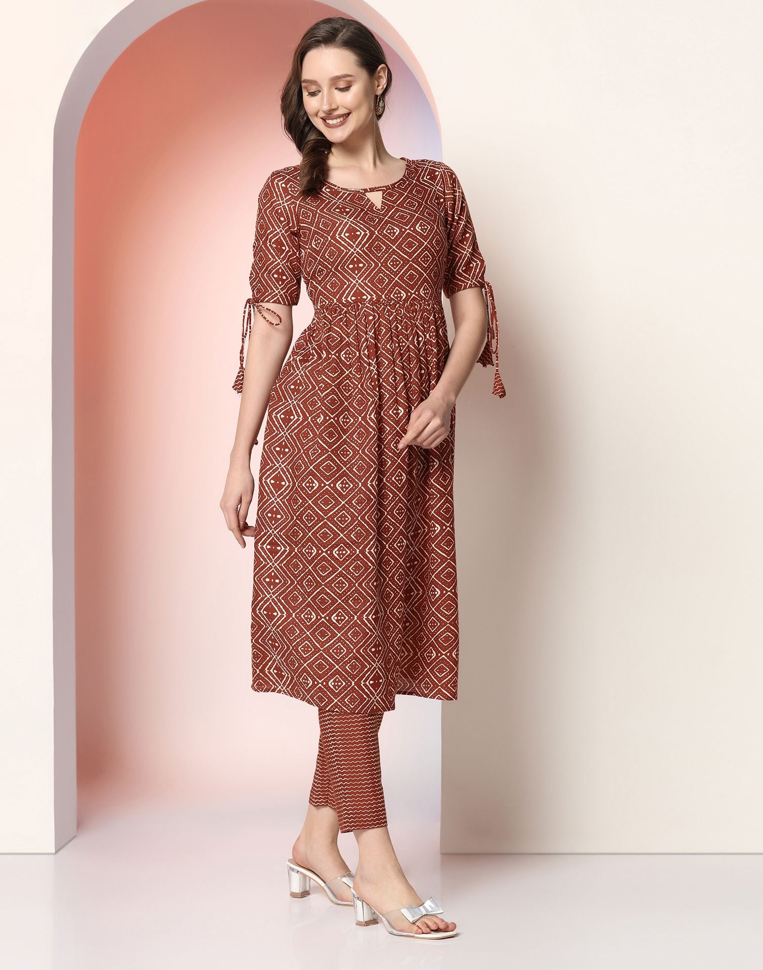 Brown Printed Cotton A-Line Kurta With Pant