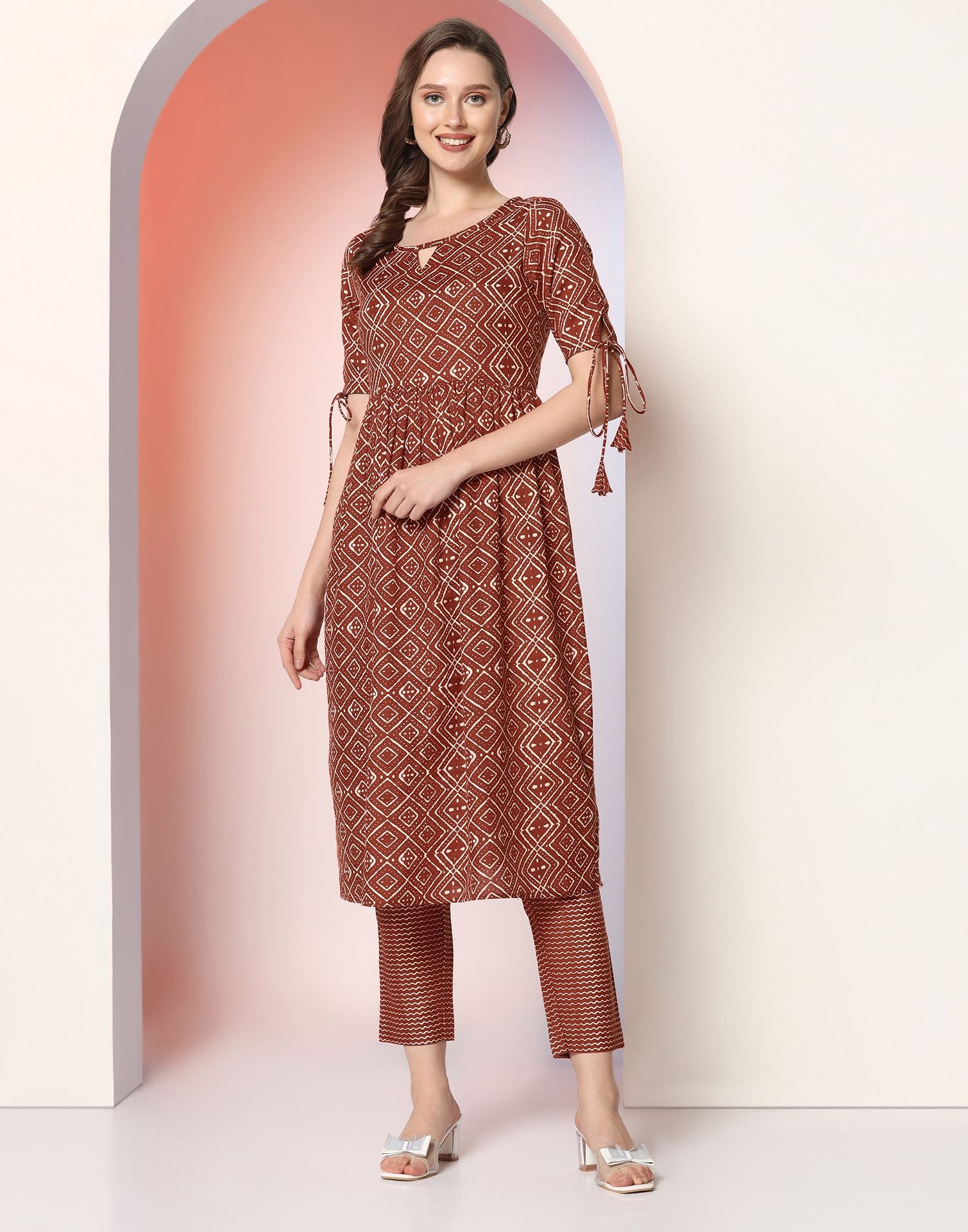 Brown Printed Cotton A-Line Kurta With Pant