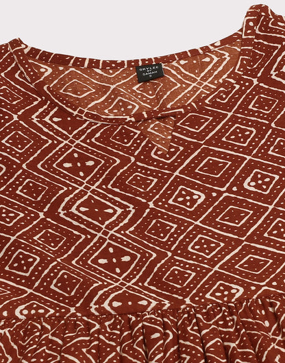 Brown Printed Cotton A-Line Kurta With Pant