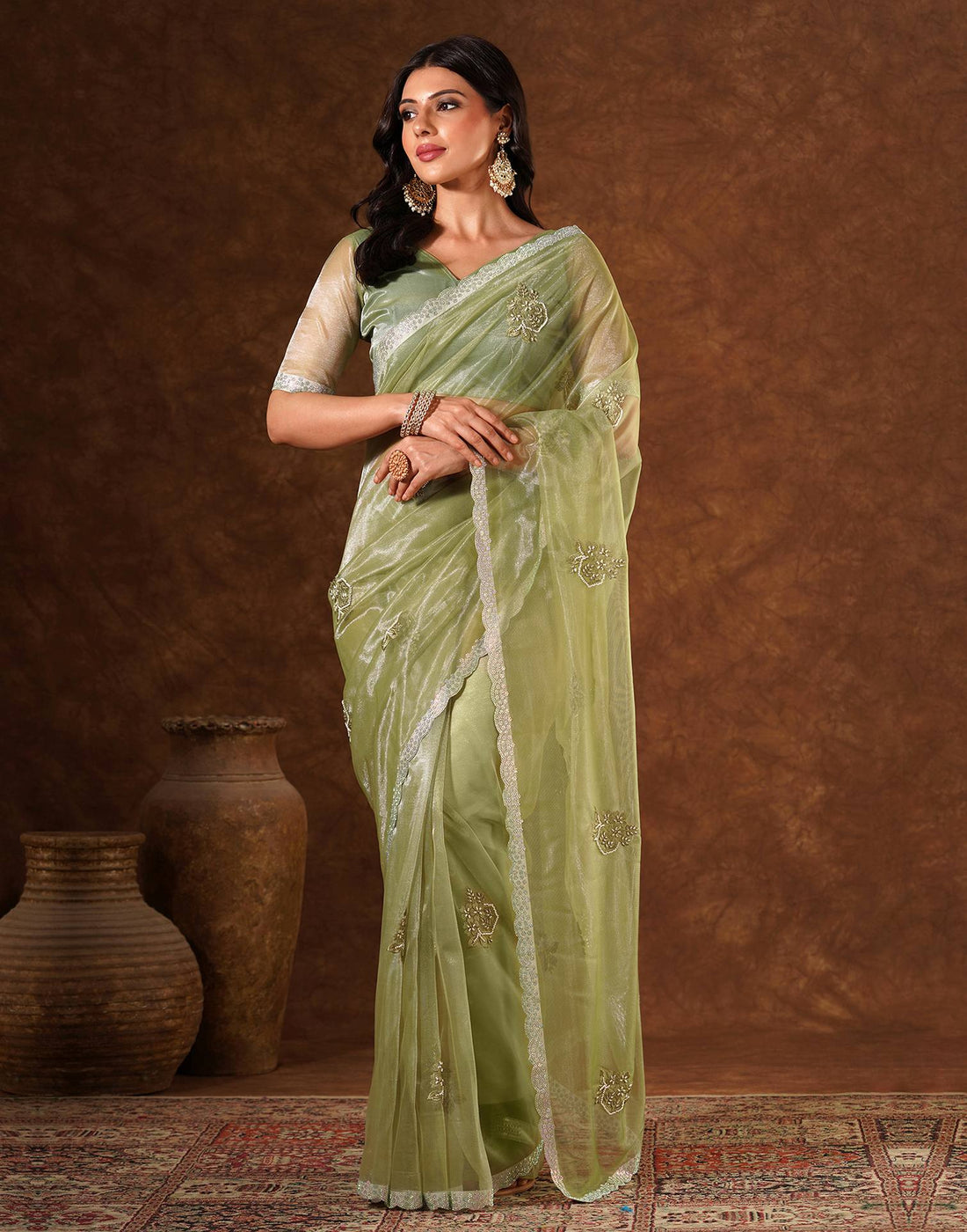 Green Net Embroidery Saree