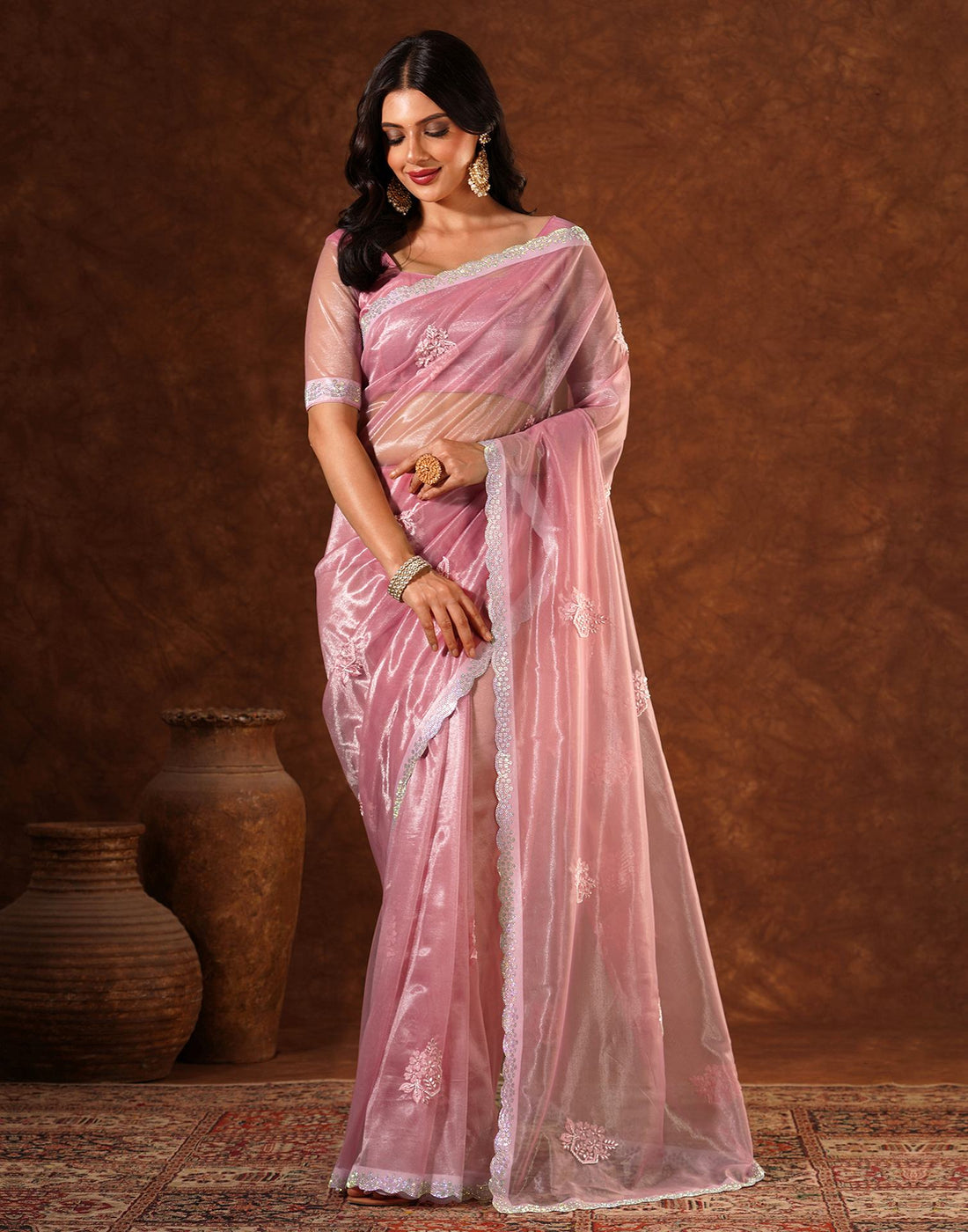 Pink Net Embroidery Saree