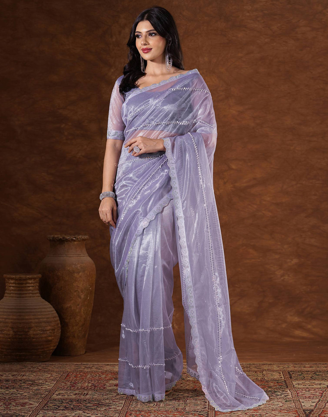 Purple Net Embroidery Saree
