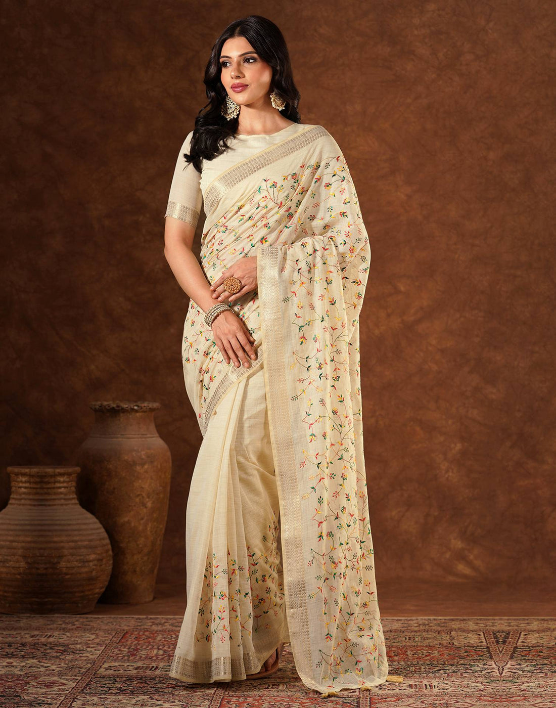 Beige Linen Embroidery Saree