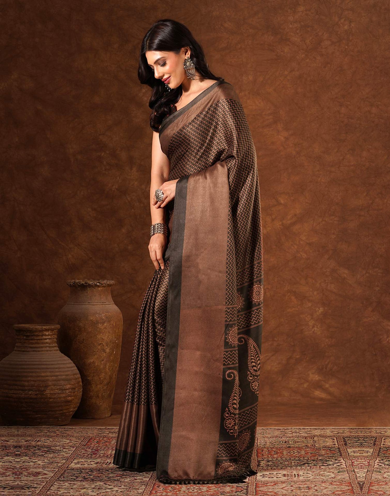 Brown Silk Printed Saree