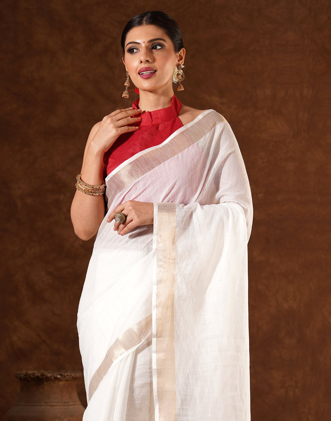 White Linen Zari work Plain Saree