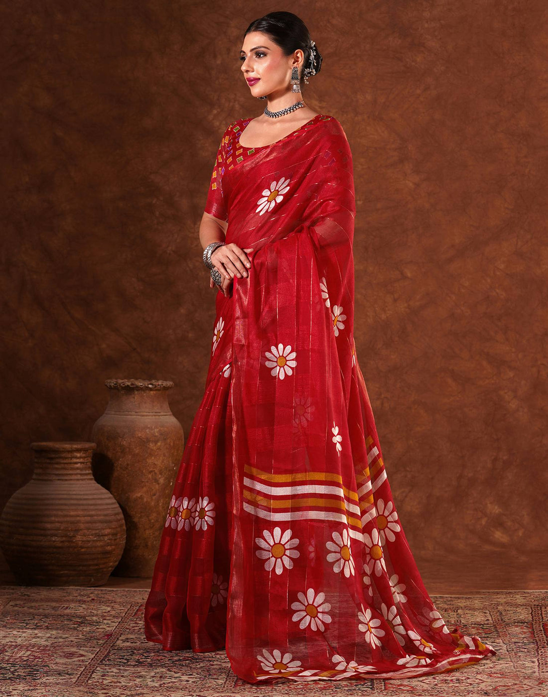 Red Silk Floral Printed Saree