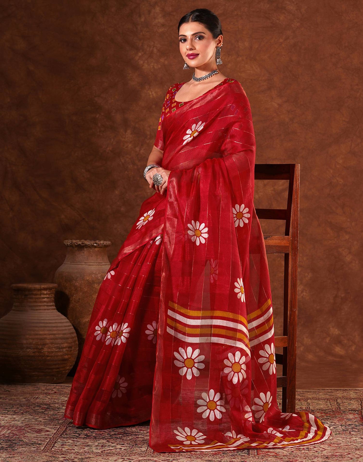 Red Silk Floral Printed Saree