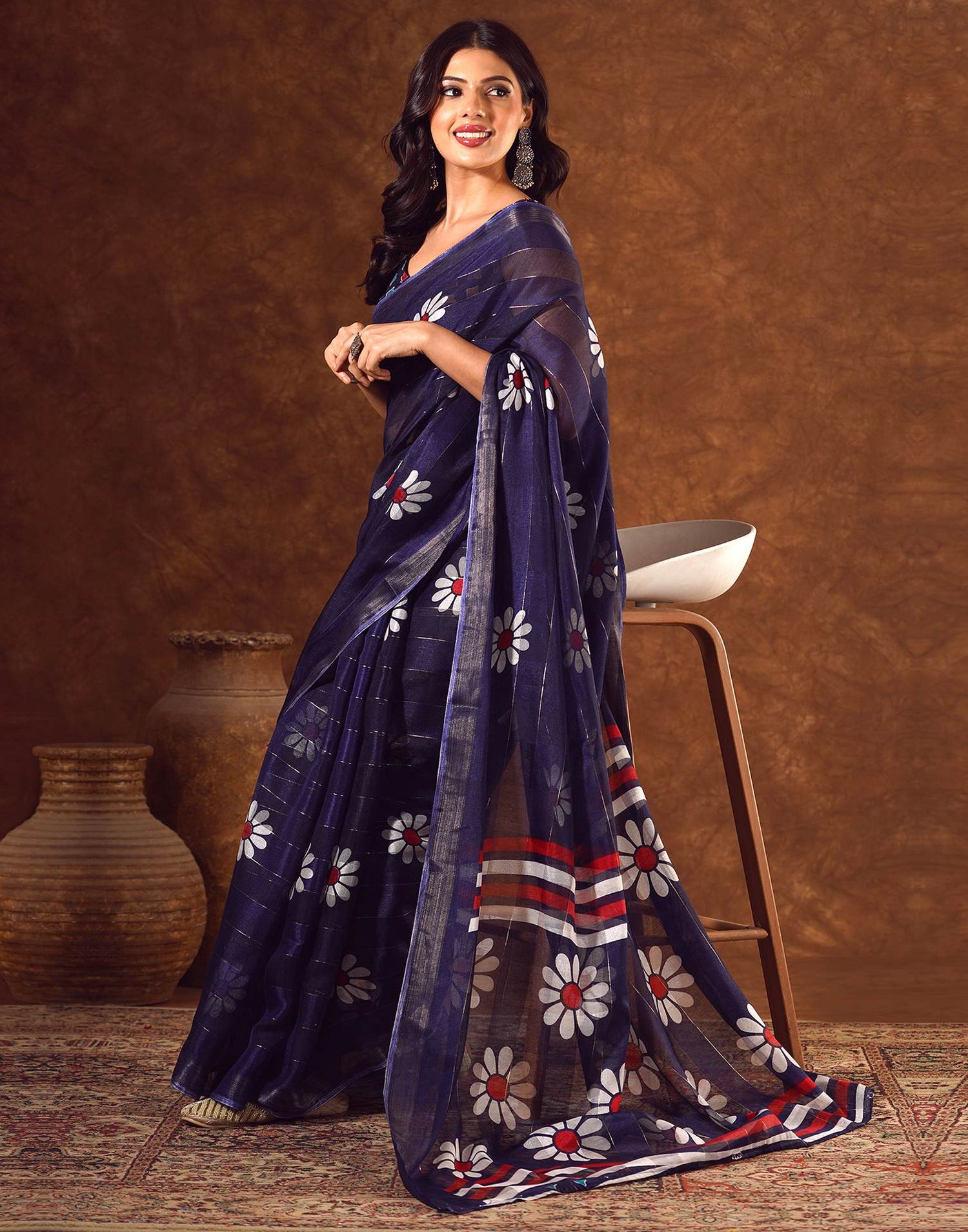 Blue Silk Floral Printed Saree