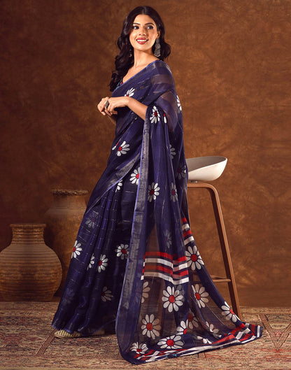 Blue Silk Floral Printed Saree